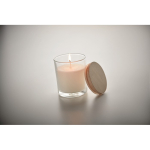 Vanilla scented branded candle in a glass for gifting transparent colour third photographic view