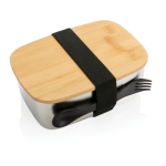 Steel lunchbox with wooden lid and cutlery set, 900 ml silver colour