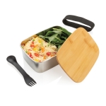 Steel lunchbox with wooden lid and cutlery set, 900 ml silver colour