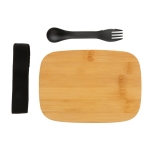 Steel lunchbox with wooden lid and cutlery set, 900 ml silver colour