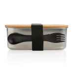 Steel lunchbox with wooden lid and cutlery set, 900 ml silver colour