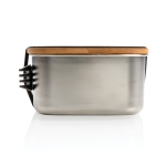 Steel lunchbox with wooden lid and cutlery set, 900 ml silver colour