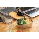 Steel lunchbox with wooden lid and cutlery set, 900 ml silver colour