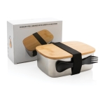 Steel lunchbox with wooden lid and cutlery set, 900 ml silver colour