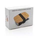 Steel lunchbox with wooden lid and cutlery set, 900 ml silver colour