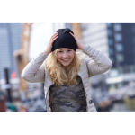 Eco winter hats with logo patch and classic design black colour