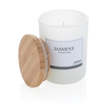 Scented candle with subtle fragrance, bamboo lid and logo white colour