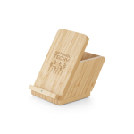 Wireless charging station & bamboo pen holder, iPhone & Android natural colour image with logo