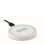 Black wireless phone charger with blue light indicator white colour view with print area