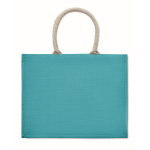 Colourful promotional jute bag with short handles turquoise colour