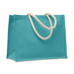 Colourful promotional jute bag with short handles turquoise colour third view