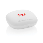 Compact high-quality earbuds with touch control white colour view with logo