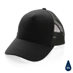 Sustainable, branded cotton trucker cap with mesh panel black colour