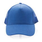 Sustainable, branded cotton trucker cap with mesh panel blue colour