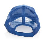 Sustainable, branded cotton trucker cap with mesh panel blue colour