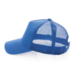 Sustainable, branded cotton trucker cap with mesh panel blue colour