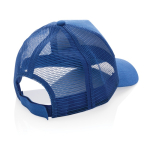 Sustainable, branded cotton trucker cap with mesh panel blue colour