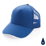 Sustainable, branded cotton trucker cap with mesh panel blue colour