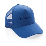 Sustainable, branded cotton trucker cap with mesh panel blue colour