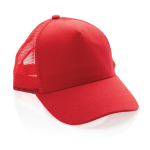 Sustainable, branded cotton trucker cap with mesh panel red colour