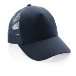 Sustainable, branded cotton trucker cap with mesh panel navy-blue colour