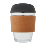 Branded glass cup with cork grip, 360 ml black colour second front view