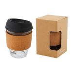 Branded glass cup with cork grip, 360 ml black colour pad printing view