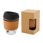 Branded glass cup with cork grip, 360 ml black colour second pad printing view