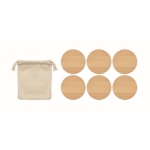 6 round bamboo coasters in a cotton bag wood colour second view