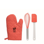 Baking set with glove, whisk and spatula red colour view with print area
