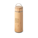 Stainless steel thermos bottle with bamboo finish, 440ml natural colour image with logo