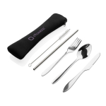 Stainless steel cutlery set, neoprene pouch silver colour view with logo
