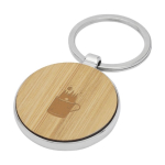 Round keyring made of zinc and bamboo wood colour printed logo view 2