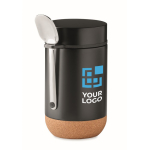 Food container, stainless steel with spoon & cork base, 400 ml black colour view with print area