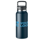 Large stainless steel thermos bottle, handle with clip, 970 ml ultramarine blue colour view with print area