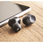 Black wireless Bluetooth earphones in charging case black colour ambient view