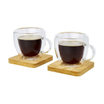 Set of 2 espresso glasses with bamboo coasters, 100ml transparent colour