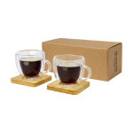Set of 2 espresso glasses with bamboo coasters, 100ml transparent colour