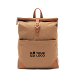 Recycled polyester laptop backpack with buckle closure light brown colour printing view