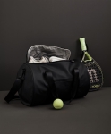 Synthetic leather sports or travel bag with shoulder strap black colour