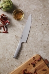 Curved Japanese steel kitchen knife with wide blade silver colour
