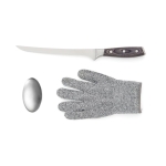 Steel knife set with glove and metal soap silver colour