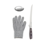 Steel knife set with glove and metal soap silver colour