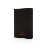Notebook from recycled materials with elastic strap, A5, ruled pages black colour view with logo