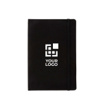 Notebook from recycled materials with elastic strap, A5, ruled pages black colour printing view