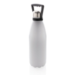 Large, branded thermal bottle with carry handle, 1.5 L white colour