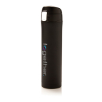 Stainless steel thermos with secure lid, 450 ml black colour view with logo