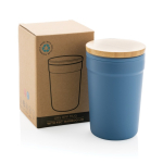 Recycled plastic thermal cup with bamboo lid, 300 ml blue colour view with box
