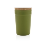 Recycled plastic thermal cup with bamboo lid, 300 ml dark green colour