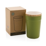 Recycled plastic thermal cup with bamboo lid, 300 ml dark green colour